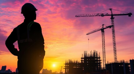 Silhouette of an engineer leading construction work at dusk, pastel sunset creating a serene backdrop.