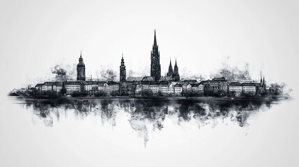 Naklejka premium Mannheim, Germany, black and white pen pencil hand-drawn effect drawing illustration for travel poster, card, wallpaper, backdrop or banner. Modern, clear, artistic and simple
