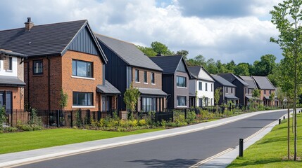 Obraz premium A modern housing estate in the UK, featuring new build homes with uniform architecture, neatly arranged in a suburban neighborhood.