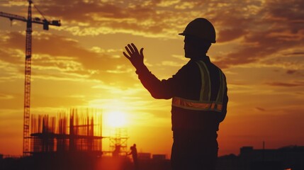 Silhouette of an engineer standing on a construction site at sunset, gesturing towards the crew below.