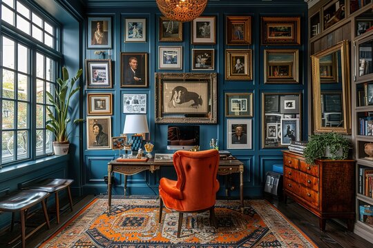 Eclectic maximalist home office with gallery wall and eclectic furnishings