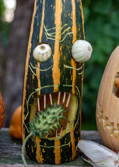 Unusual original Halloween composition, scary Jack O Lantern Halloween pumpkins in the dark