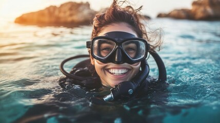 Portrait of a smiling female with scuba diving gear in sea water