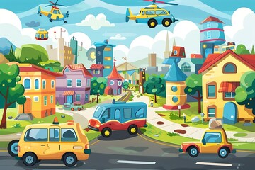 Naklejka premium Cartoon Cityscape With Colorful Buildings And Vehicles