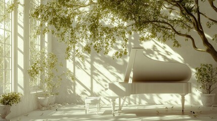Stunning 3D wallpaper featuring a white piano and a beautiful tree, with luminous windows casting natural light across the room