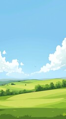 Obraz premium Green Meadow with Blue Sky and Fluffy Clouds