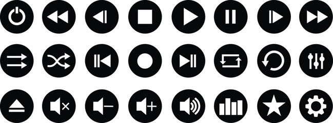 Media player flat icons set. Collection of multimedia symbols isolated on transparent background. Audio, volume, interface, design media player buttons. Play, pause, stop, record, forward, rewind. © Mon Amour