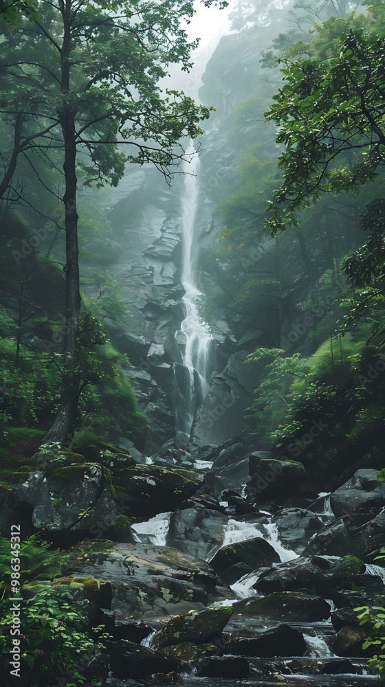 Wall mural Tall Waterfall Cascading Down Rocky Cliffs In Lush Forest