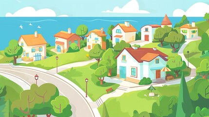 Fototapeta premium Cartoon Illustration of a Beautiful Seaside Village with Houses and Trees