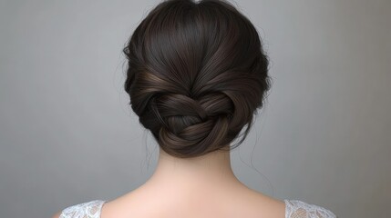 Fototapeta premium Tutorial shot of a simple yet elegant twisted bun hairstyle with a braid accent, perfectly styled long hair.