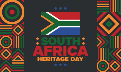South Africa Heritage Day. Happy holiday. Celebrate culture and traditions of nation. South African flag. Poster with illustration. Pattern design. Vector