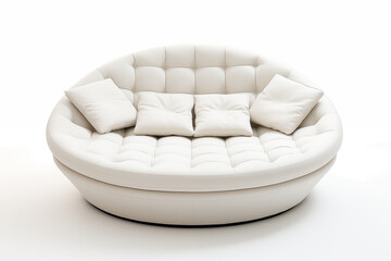 A sleek, round modern couch in a minimalistic living room with soft, neutral tones. The couch is upholstered in plush white fabric with clean lines, on white background