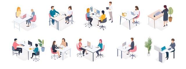 Fototapeta premium Isometric vector illustration of people in an office, working together at tables and desks, against a white background.