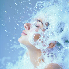 Fototapeta premium A serene woman enjoys refreshing shampoo bubble experience, surrounded by cool water and soft foam. image captures moment of tranquility and bliss