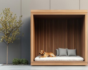 Insulated doghouse with plush bedding, raised flooring for warmth, and a sleek, modern roof design, luxury doghouse, comfortable design
