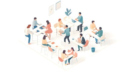 Isometric vector illustration of people in an office, working together at tables and desks, against a white background.