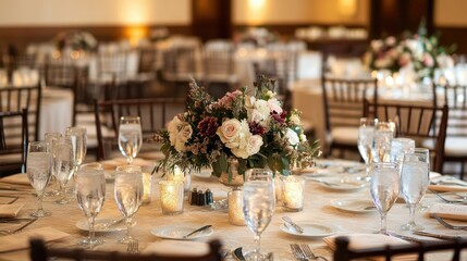 Wedding reception hall featuring beautifully arranged tables with floral arrangements and candles. A classic, elegant setup.
