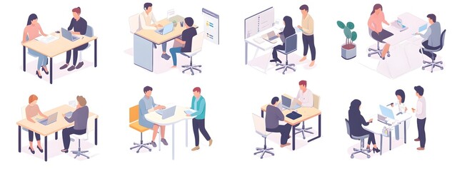 Isometric vector illustration of people in an office, working together at tables and desks, against a white background.