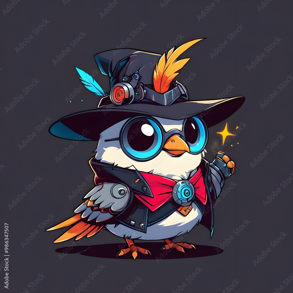 Poster cartoon bird with glasses and a hat