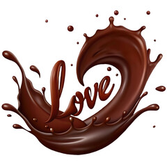 Chocolate splash in shape of heart, love of chocolate isolated on white background Include clipping path, 3d illustration.
