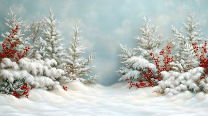 Winter Wonderland, enchanting snowy landscape adorned with vibrant red and green accents, inviting festive spirit and serene beauty.