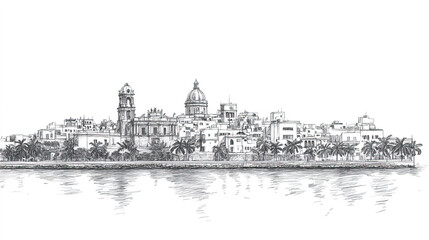 Mayagez, Puerto Rico, black and white pen pencil hand-drawn effect drawing illustration for travel poster, card, wallpaper, backdrop or banner. Modern, clear, artistic and simple