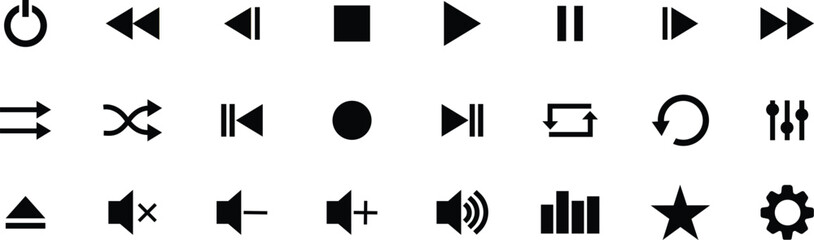 Media player flat icons set. Collection of multimedia symbols isolated on transparent background. Audio, volume, interface, design media player buttons. Play, pause, stop, record, forward, rewind. © Mon Amour