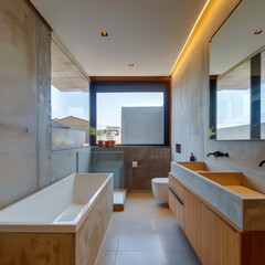 Modern bathroom design featuring narrow elongated bathtub, concrete walls, and wooden cabinetry. space is illuminated with soft lighting, creating serene atmosphere