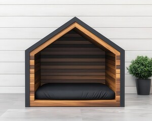 Contemporary doghouse with a cushioned floor, built-in storage, and a weatherproof roof for comfort, modern dog design, comfortable kennel
