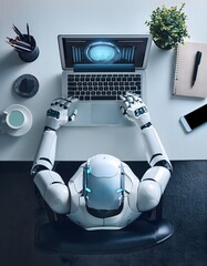 Top-down view of a robot sitting at a desk, working on a laptop. The scene features a minimalist tech aesthetic, with a clean and isolated background, ideal for concepts of automation, AI, and futuris
