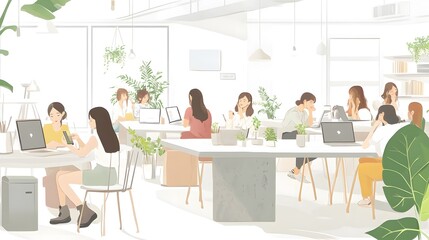 Isometric vector illustration of people in an office, working together at tables and desks, against a white background.