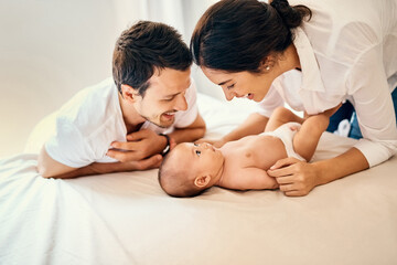 Parents, happy and baby for care, development and bonding with support, love and relax in home. Newborn, family and smile for connection, growth and nurture with protection, play and people in house