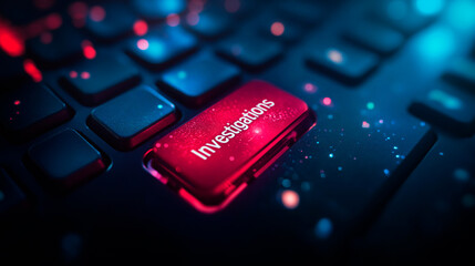 Close-up of a key displaying the word "Investigations" under cool blue backlighting. Modern computer key with the word "Investigations" written on it.