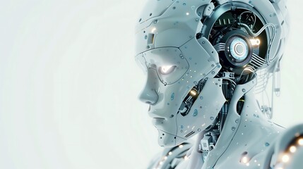 AI robot with modern, futuristic design, showcasing artificial intelligence-driven automation and problem-solving in smart industry settings.

