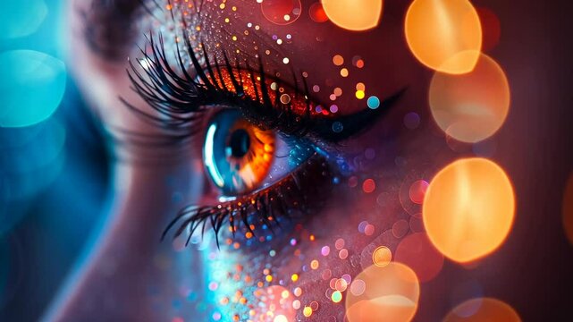 Woman's eye blink close up vibrant shot with beautiful long false eyelashes. Attractive fashion concept with vivid contrast lighting at blurred background with bokeh lights and sparkles. 
