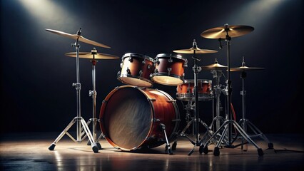 A close-up shot of drum kit drums against a dark background with copy space