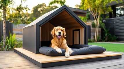 Weather-resistant doghouse with plush cushions, elevated flooring, and a sleek, modern roof, comfortable design, luxury dog kennel
