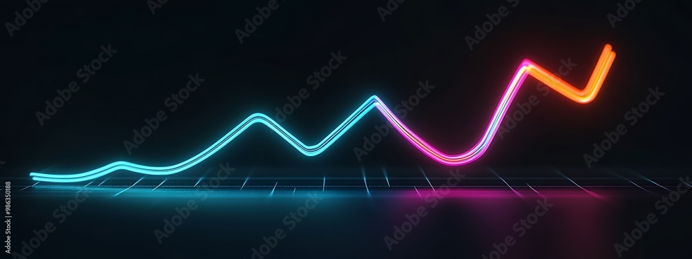 Poster neon graph with upward trend, reflecting on a dark surface