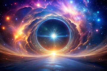 Vibrant galaxy with bright star at center of cosmic portal