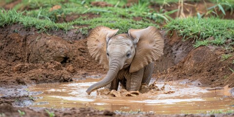 Fototapeta premium Baby Elephant Playing in Mud