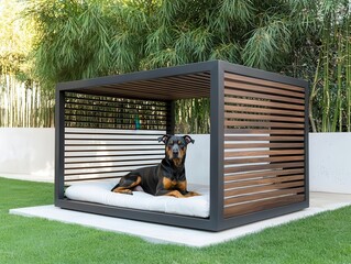 Sleek modern dog kennel with padded bedding, shaded roof, and open sides for natural ventilation, luxury doghouse, comfortable design