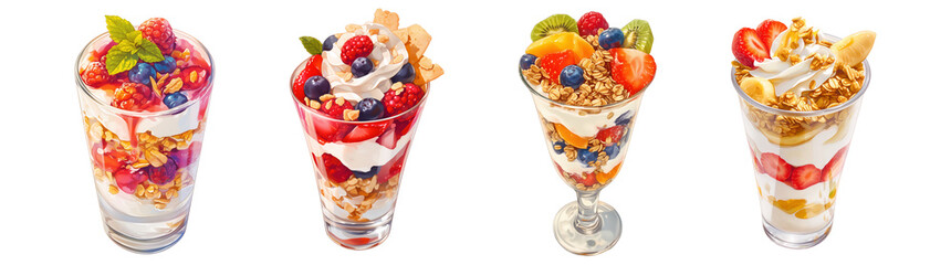 Set of fruit parfait and yogurt desserts in glasses. Illustration isolated on transparent background. Dessert and bakery concept. Clipart for cookbook, menu, and culinary advertising.