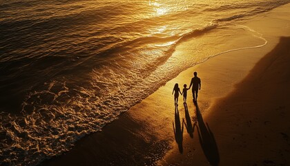 Family Silhouettes Walking on Sandy Beach at Sunset