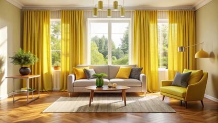 Bright and cozy living room interior with vibrant yellow curtains