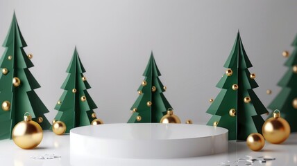 A white podium with paper Christmas trees and gold balls