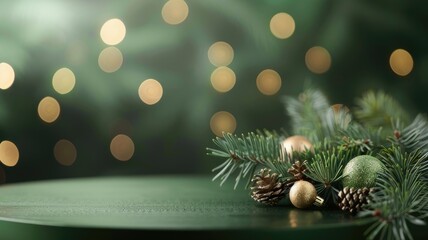 Christmas decorations on a green table with a tree behind