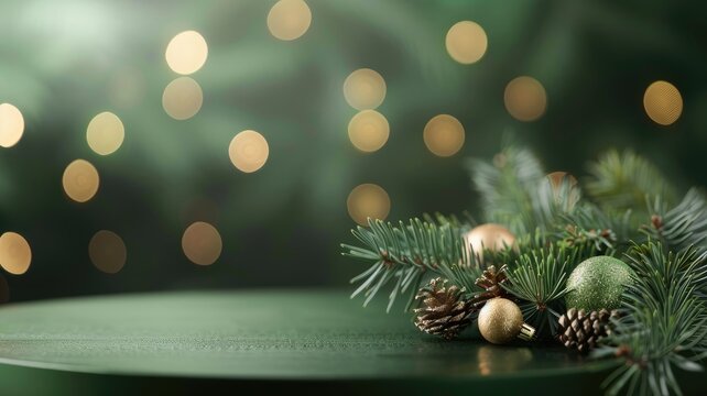 Christmas decorations on a green table with a tree behind
