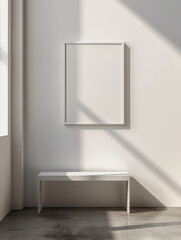 A minimalist interior showcases blank white frame on light wall, complemented by simple bench below. soft shadows create serene atmosphere, perfect for contemplation