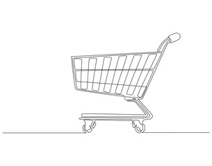 Continuous one line drawing of shopping cart. One line drawing illustration of international shopping day. Trolley, Online shopping, Business concept line art. Editable outline
