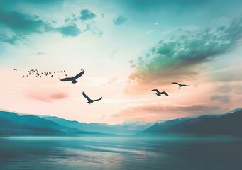 Obraz premium Silhouettes of Birds Flying Over Mountains and a Lake at Sunset